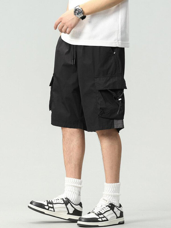 Шорты-карго мужские повседневные мешковатые, уличная одежда, однотонные универсальные модные простые мягкие до колена с большими карманами в японском стиле