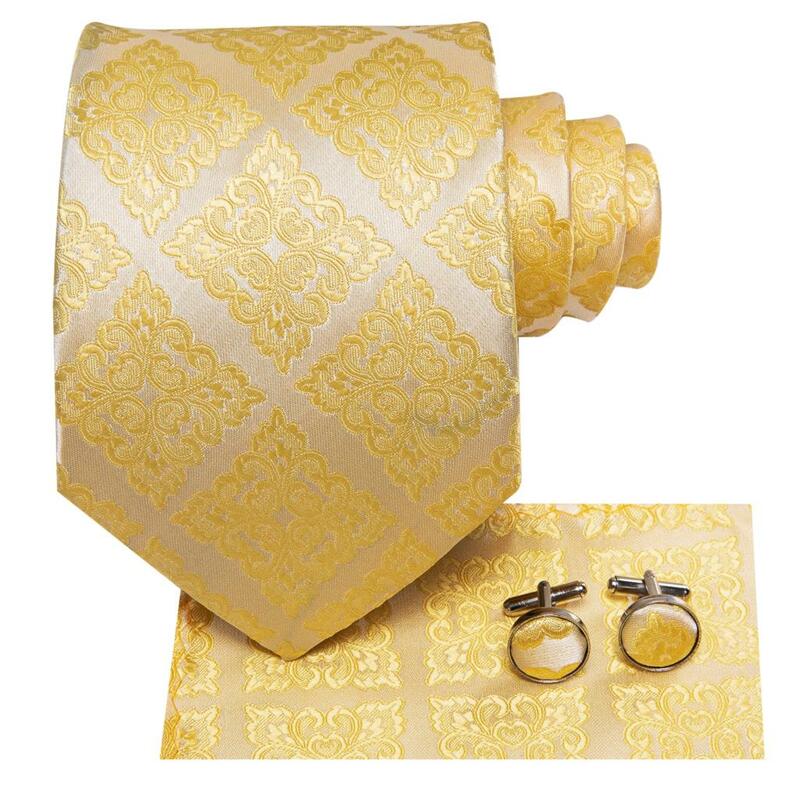 Hi-Tie Designer Yellow Gold Palid Paisley Silk Wedding Tie For Men Hanky Cufflink Gift Men Necktie Gravata Set Business Dropship