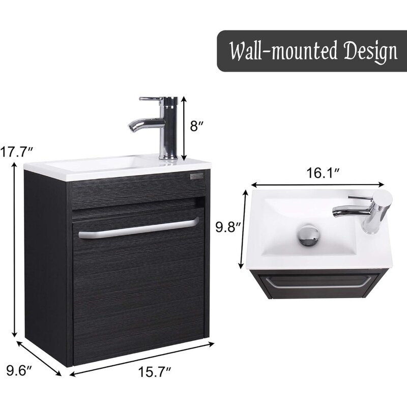 Combo de lavabo de tocador de baño de 16 pulgadas, diseño de juego de gabinete montado en la pared, grifo cromado superior de lavabo de resina, tocador de baño Samll