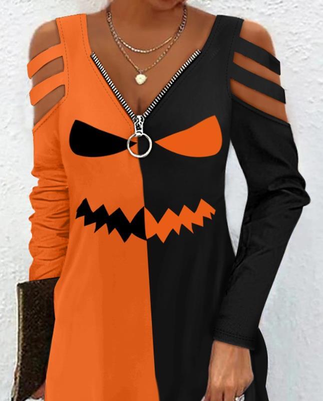 Halloween Womens Dresses 2023 Summer Fashion Scary Face Print Colorblock Cold Shoulder Zipper Long Sleeve Mini A Line Dress