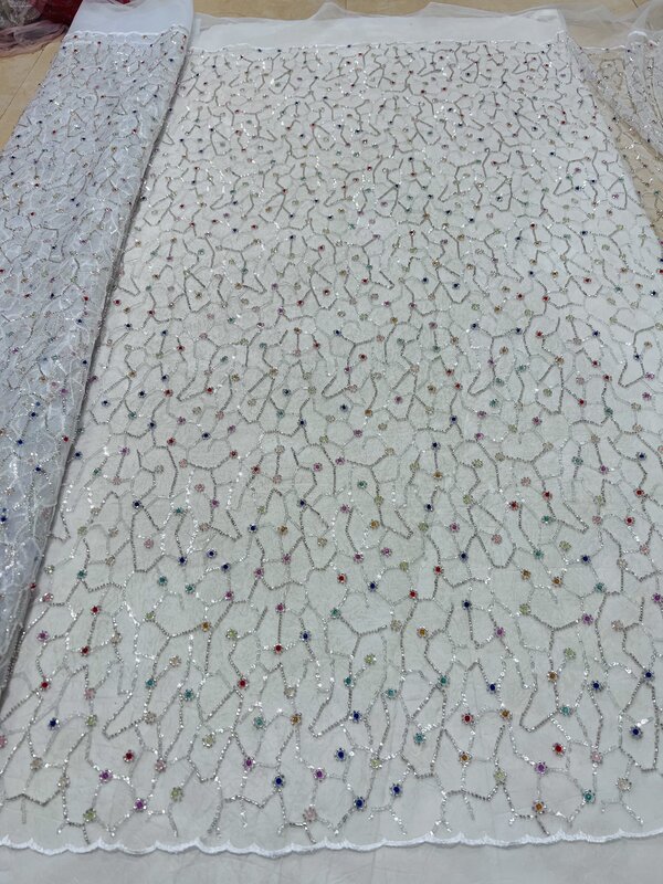 Tissu en maille polyester non élastique, tissu en maille brodé, tube en forme de perle, européen et américain, nouvelle grille, 5 mètres