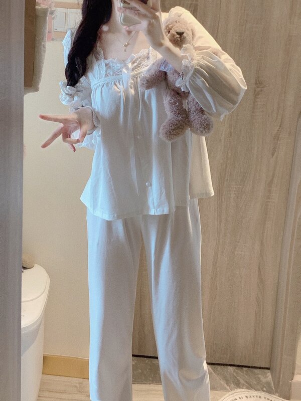 Pijama de manga comprida feminina, estilo princesa branca, conjunto em casa, tamanho grande, 100kg, novo, primavera, outono, estilo chinês, 2022