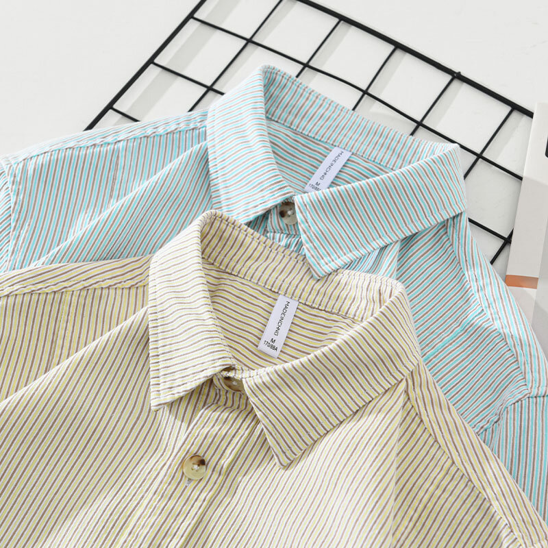 Camisas masculinas de algodão de manga curta, camisa casual, listrada, com botões, solta, tamanho grande