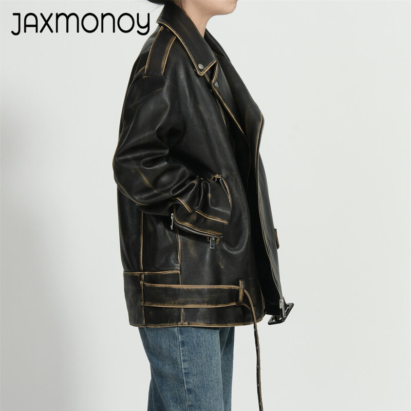 Jaxmonoy แจ็กเก็ตหนังแท้ผู้หญิง, เสื้อคลุมหนังแท้ทรงหลวม2024มาใหม่ล่าสุดฤดูใบไม้ร่วง