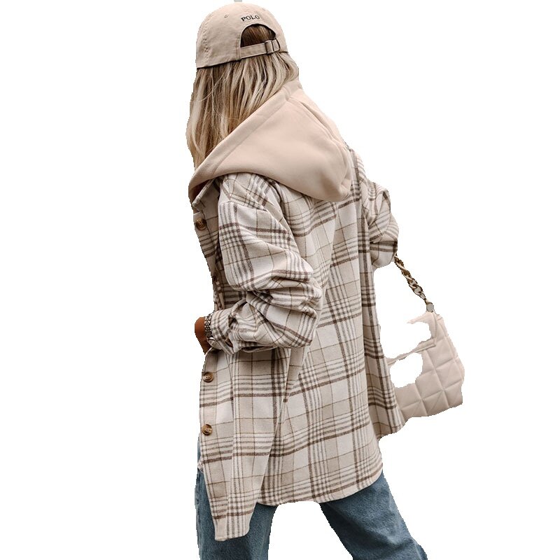Jaket bertudung serbaguna wanita, mantel lengan panjang motif kotak-kotak baru musim gugur untuk wanita