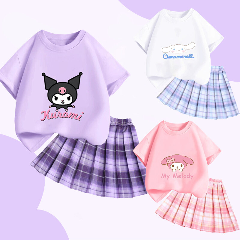 Kawaii子供用ツーピースセット、女の子用半袖とプリーツスカート付きTシャツ、sanrio kuromi crosoll my Ageks、jk漫画、新しい夏