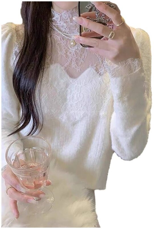 Temperament półgolf splot siatkowy sweter damski koronka nadruk koreański słodki miękki szyk jednolita elastyczna smukłe wiosenny Top