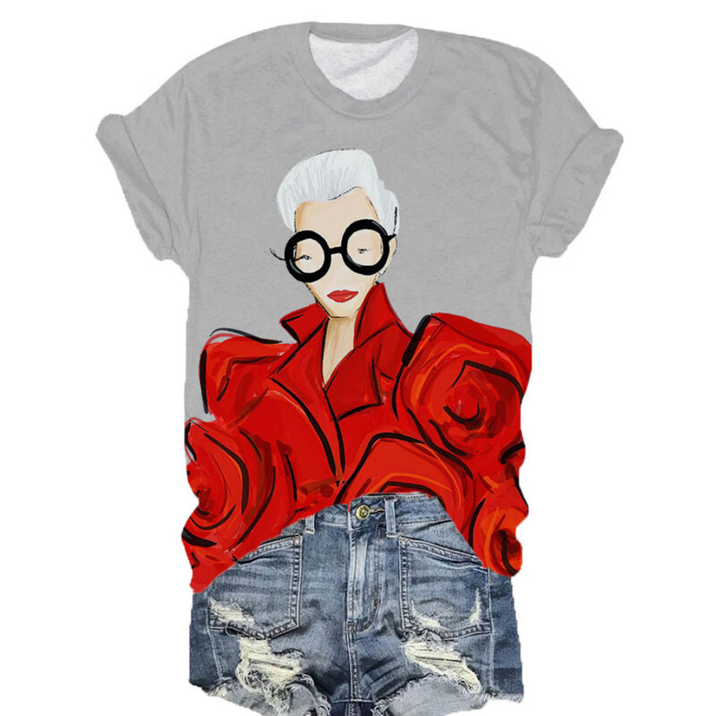 女性のためのバラの漫画のキャラクターTシャツ,3Dプリントの原宿服,カジュアル,半袖,ラウンドネック,特大の女性の服