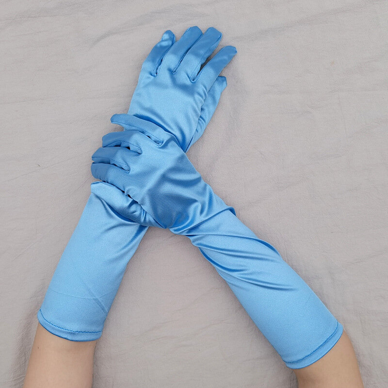 Сатиновые высокоэластичные однотонные женские косплейные перчатки 38 см для Хэллоуина сценического представления этикетка модные бриллиантовые