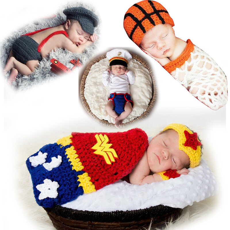 Neugeborenen Baby Fotografie Requisiten Outfits Basketball Hut Designer Stricken Hoop Set für Jungen Mädchen Neue Orange Babe Kostüm