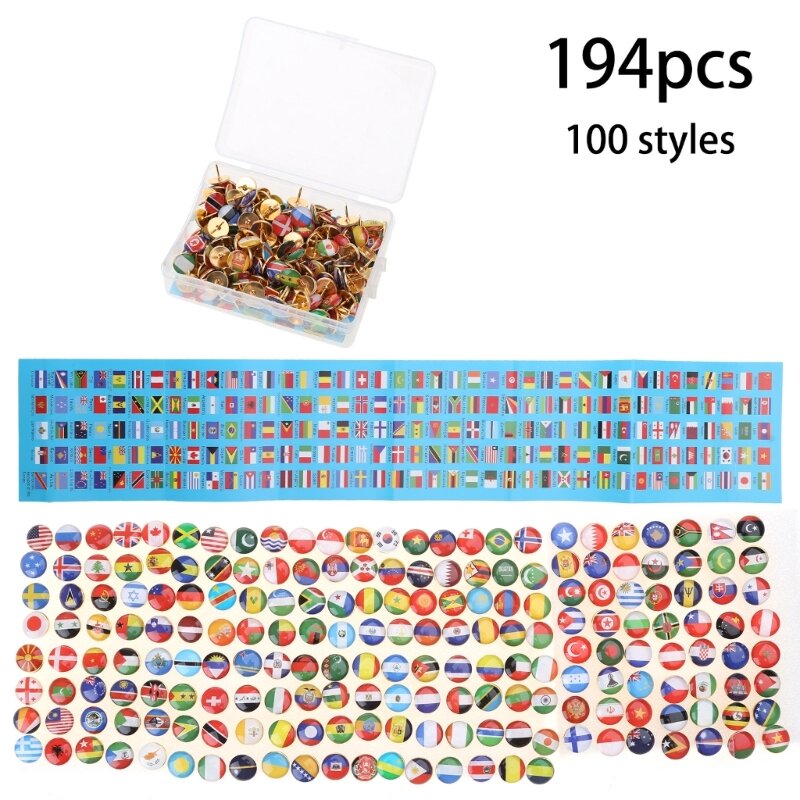 194 Pc Thumb Tacks National Flag for Head for Sharp Steel Point Push Pin for Pho J60A