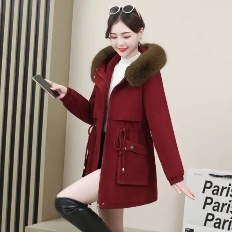 Women Winter Add Thick Fleece Hooded Parka Medium Long Keep Warm Plush Lining Coat Female Snow Zipper Windbreaker Cotton Jacket