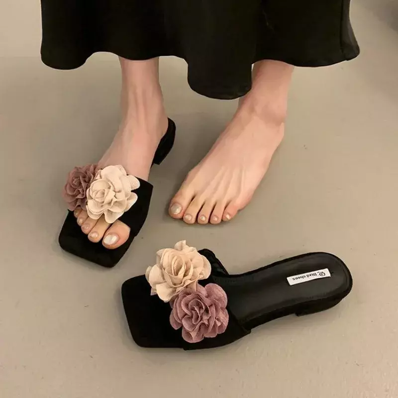 Sandal datar wanita, Kasut perempuan Fashion bunga mewah desainer musim panas