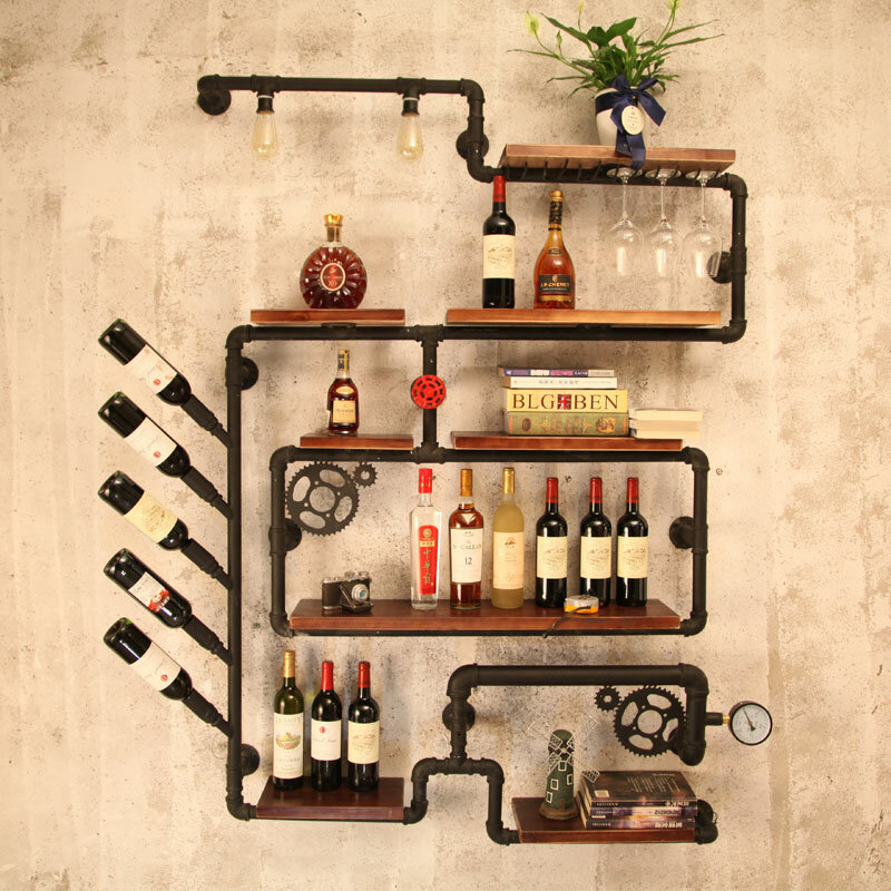 Estantería de estilo industrial retro Para bar y cafetería, estante para vino, tubería de madera maciza de hierro para colgar en la pared