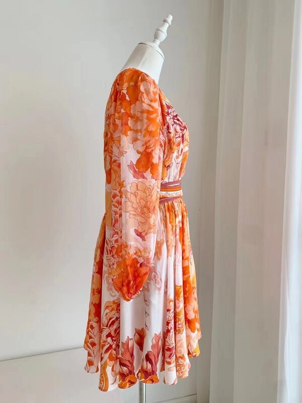 Dress Mini sutra wanita, gaun bercetak bunga pinggang ramping kerah V 100%