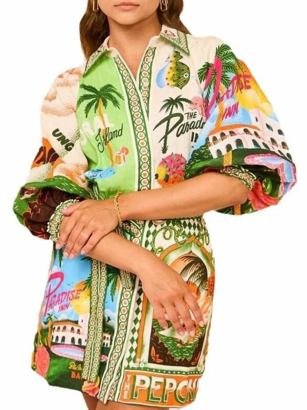 Vestido feminino com estampa vintage de lanterna, vestido curto casual elegante com pescoço, baile de formatura, praia, feriado, novo, 2024