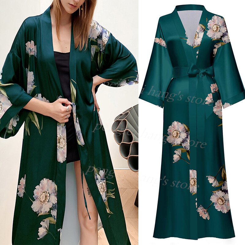 Albornoz Kimono con estampado de flores para mujer, ropa de dormir holgada de satén, camisón elegante, lencería para primavera y verano, novedad