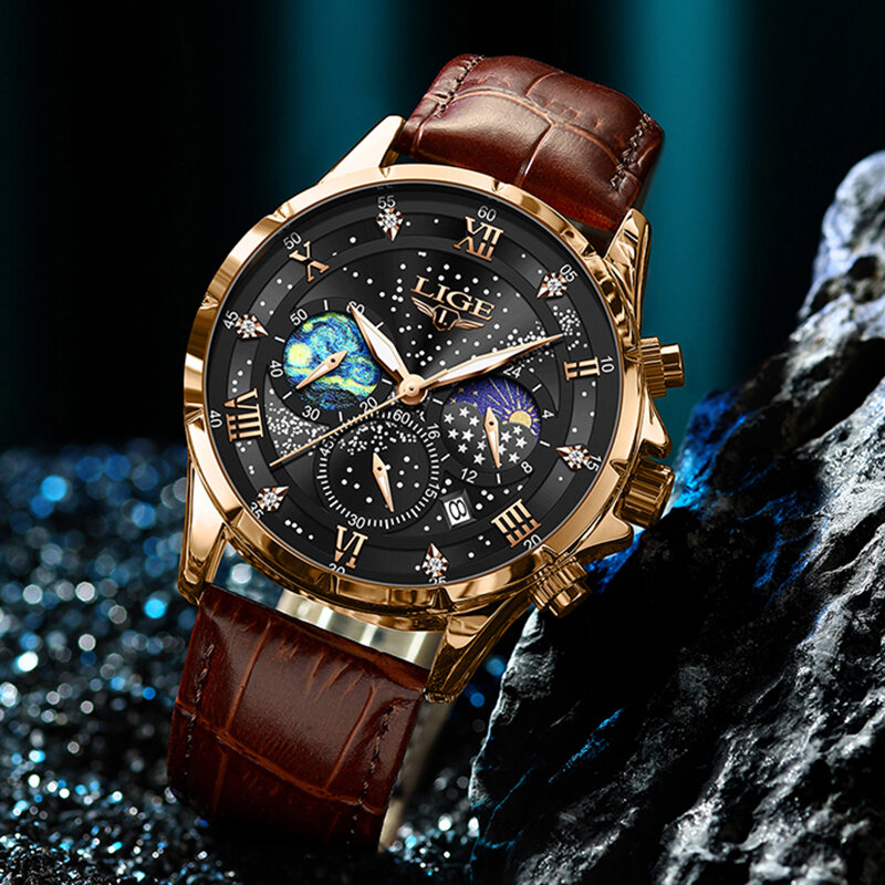 LIGE-Relógio de pulso de quartzo de couro masculino, impermeável, luminoso, marca top, luxo, grande, moda, caixa, novo