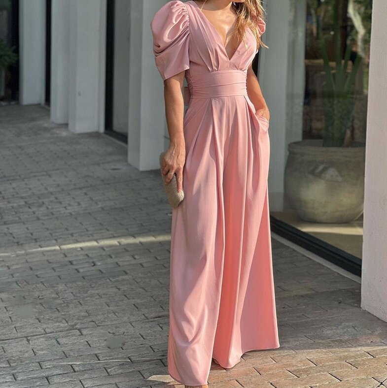 Elegant Overall 2024 Backless Lace-Up Hollow Out Bowknot Tie Pocket Decor Puff Sleeve V-Neck High Waist Wide Leg Pants Jumpsuit