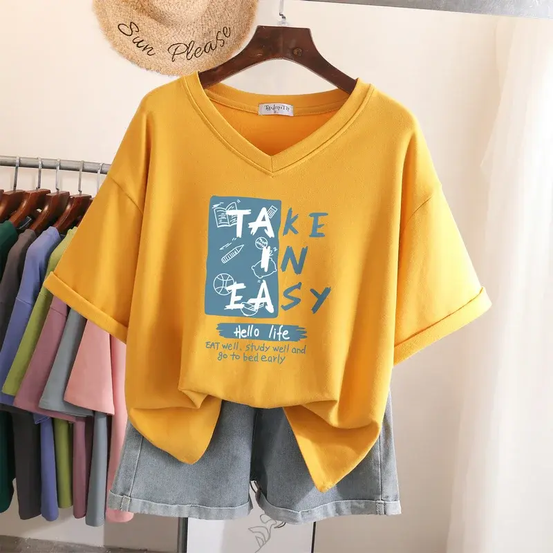 EBAIHUI – t-shirt à manches courtes et col en V pour femme, haut estival et surdimensionné avec lettres imprimées, 100% coton, Harajuku, M-6XL