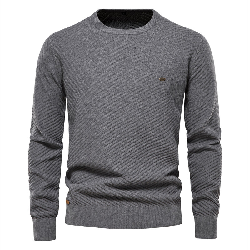 Suéter de algodón de Color sólido para hombre, Jersey de punto a rayas con cuello redondo, informal, de alta calidad, para invierno