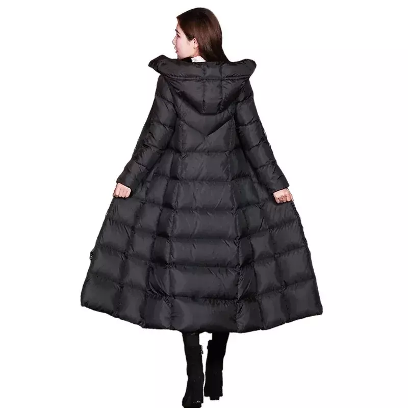 여성용 무릎 길이 코튼 코트, 퓨어 블랙 솜털 다운 롱 코튼 코트, 2022 두꺼운 따뜻한 겨울 코트