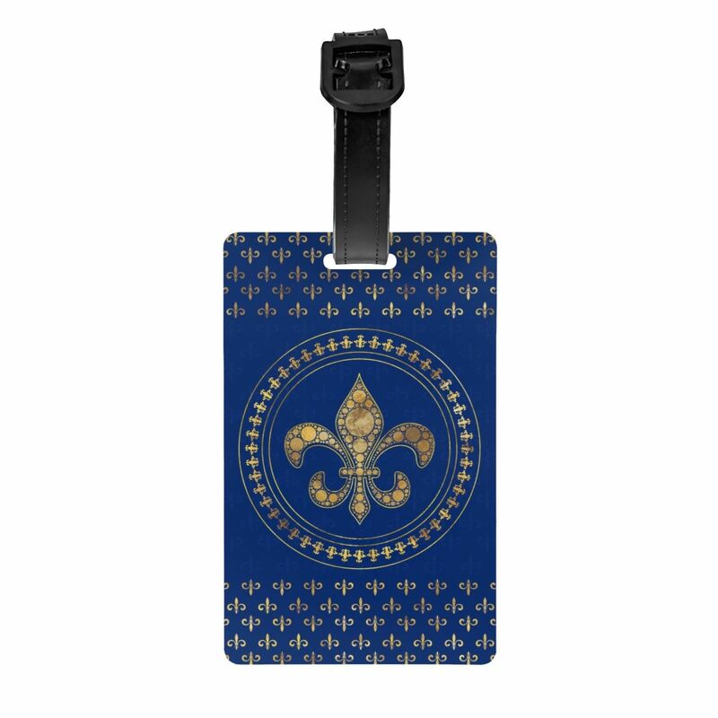 حقيبة سفر من Fleur-De-Lys باللون الذهبي والأزرق الملكي مزودة بعلامة على شكل زهرة زنبق وزهرة وزهرة وزهرة بغطاء للخصوصية وملصق للهوية