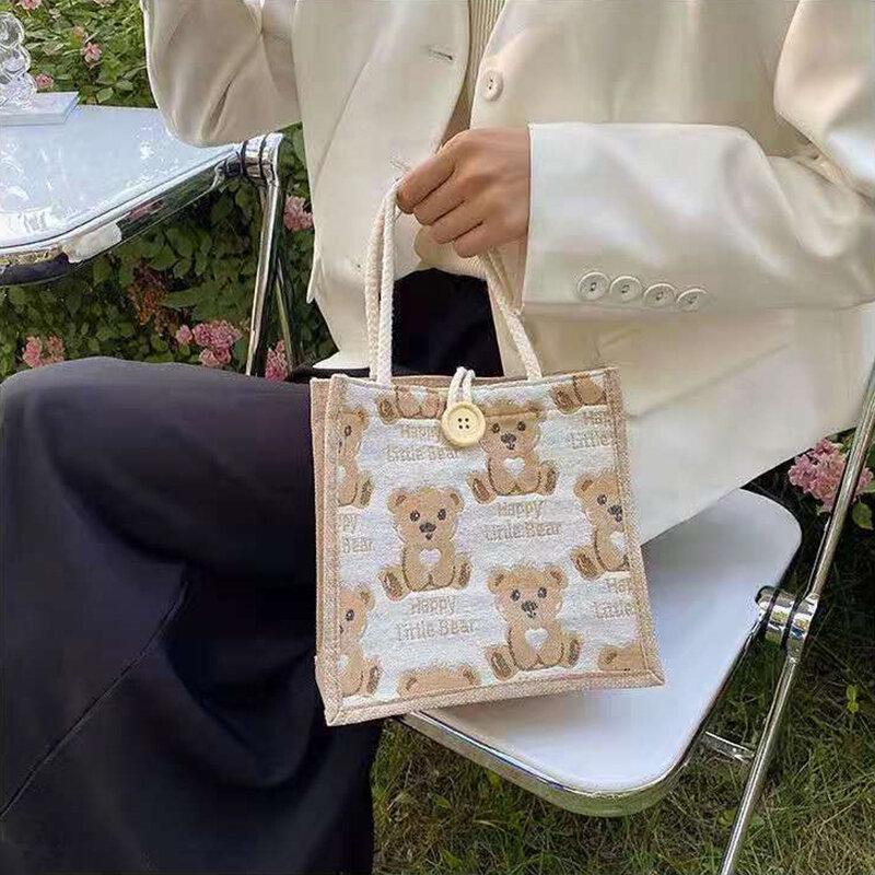 1PC Cute Bear Tote Bag in lino borsa a mano da gita femminile borsa per la spesa in borsa a tracolla per studenti piccoli giapponesi
