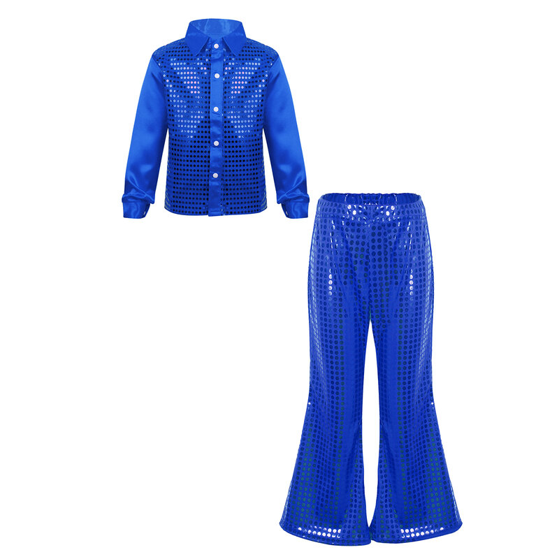 Kids Fashion Children Clothes Outfits 2 Piece Set Boys Jazz Dance Outfit Glittery Sequined Long Sleeves Shirt with Flared Pants