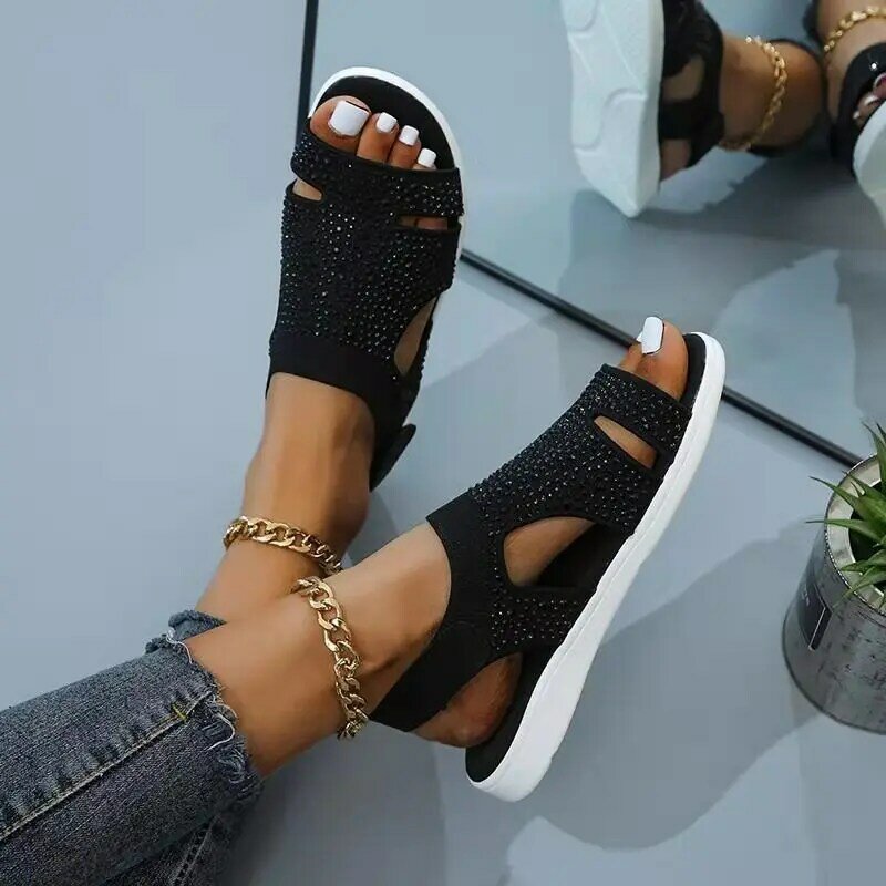 Summer Mesh Women's Shoes 2024 New Hot Diamond Breathable Solid Color Water Diamond Beach Lightweight Large Women's Sandals