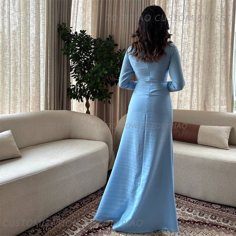 Vintage Sky Blue Mermaid Evening Dresses 2024 High Neck Long Satin Prom Dress Arabic Custom Formal Gowns Celebrity Dress