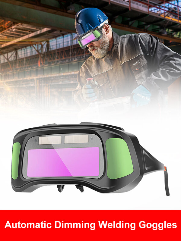 Escurecimento automático Welding Goggles, Vista ampla, Cor verde, Auto escurecimento óculos de proteção para soldagem a arco, Moagem de corte