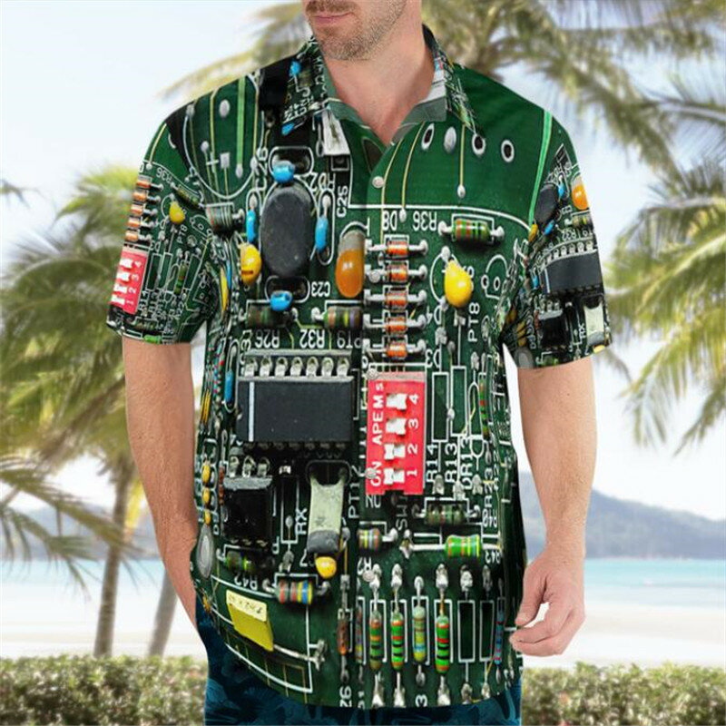 2022 Nieuwe 3D Afdrukken Elektronische Chip Hawaiian Shirt Mannen Zomer Korte Mouwen Shirts Heren Shirts Oversize Camisa Sociale 5XL