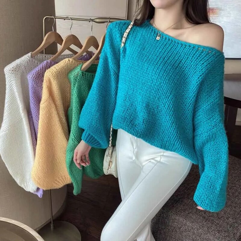 Однотонный вязаный свитер, пуловер для женщин, сезон осень-зима 2023, корейский элегантный свободный Дамский джемпер с длинным рукавом и открытыми плечами
