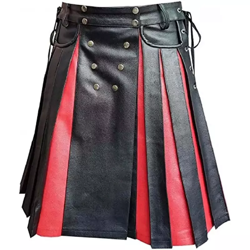 Mens Real Black & Red Leather Gladiator Kilt with Flat Front Panels Scottish Kilts Utility LARP