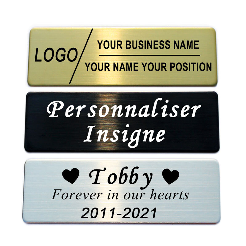 Broches gravados customizáveis do metal do logotipo do texto, texto personalizado, placa da identificação do negócio, etiqueta personalizada, crachás, 60x20mm, 70x20mm, 70x20mm, 70x25mm