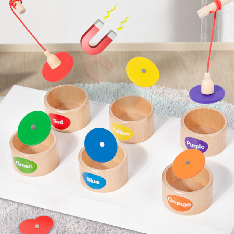 Drewniany magnetyczny kubek klasyfikacyjny w kształcie kolorów dla dzieci Geometryczne poznanie Gra wędkarska Zabawki edukacyjne do wczesnej edukacji
