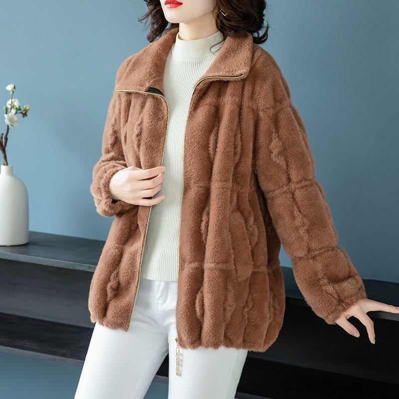 2022 inverno quente casaco de pelúcia grosso cordeiro lã casaco feminino mid-long veludo solto casaco de pele de pelúcia feminino jaquetas quentes branco 100