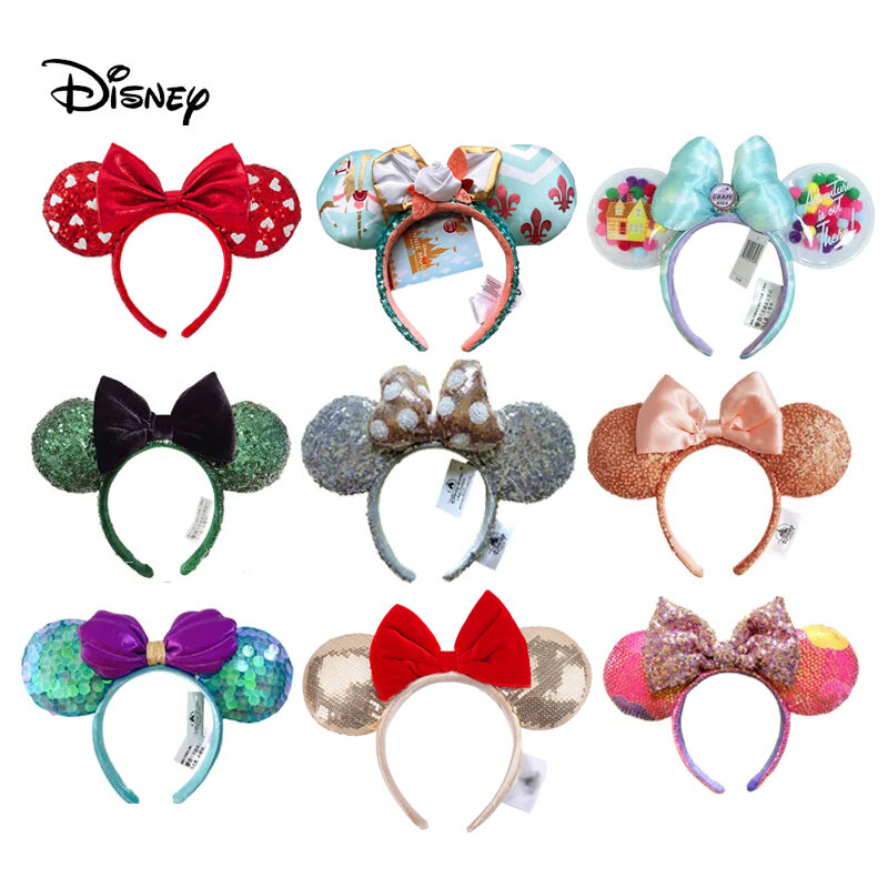 Disney Mickey Mouse Ear Headband Amusement Park Hair Hoop Fish Scale Sequin Mesh Party Headwear Girl Toy Birthday