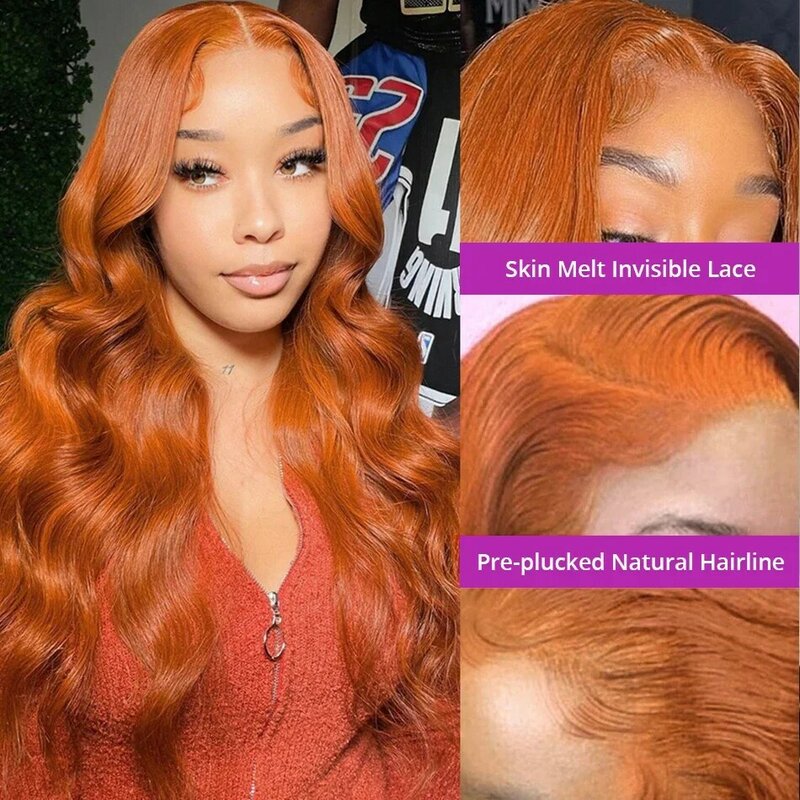 Pelucas frontales de encaje transparente para mujer, cabello humano ondulado de hueso, naranja jengibre, 13x6 HD, 13x4