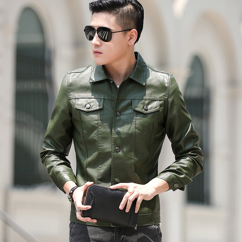 2024 Men's New Polo Collar Leather Clothing Youth Casual Flow Slim Handsome PU Leather Clothing