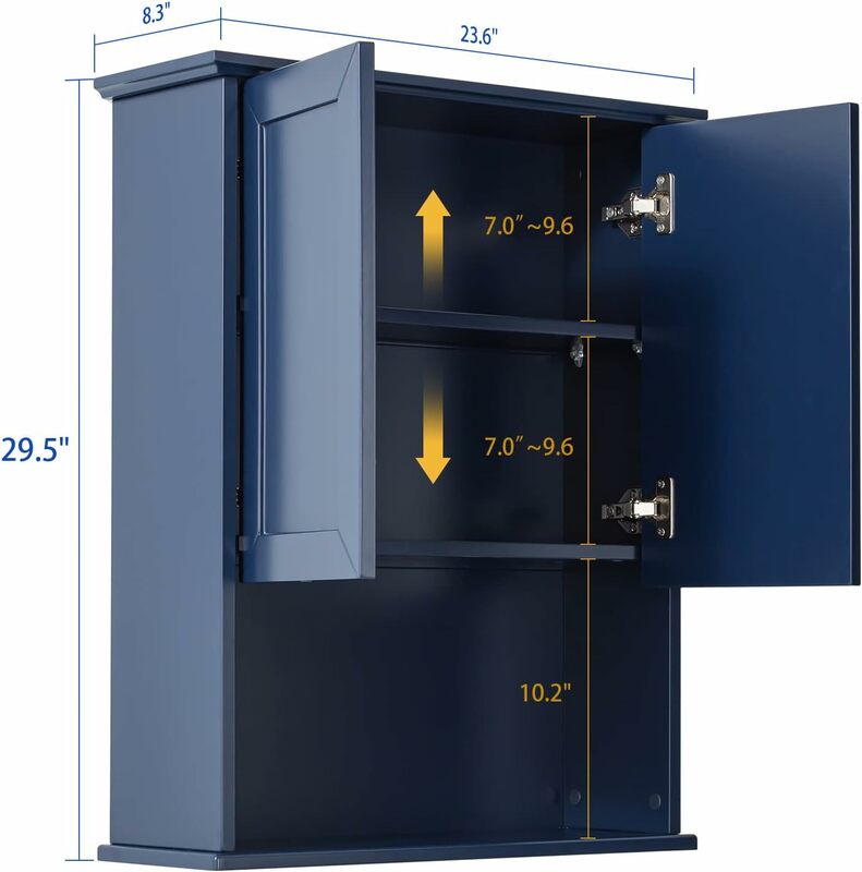 파란색 욕실 캐비닛 벽걸이, 문 2 개, 조절 가능한 선반, 23 인치 x 29 인치 목재 약품, 변기 위에 보관 벽걸이