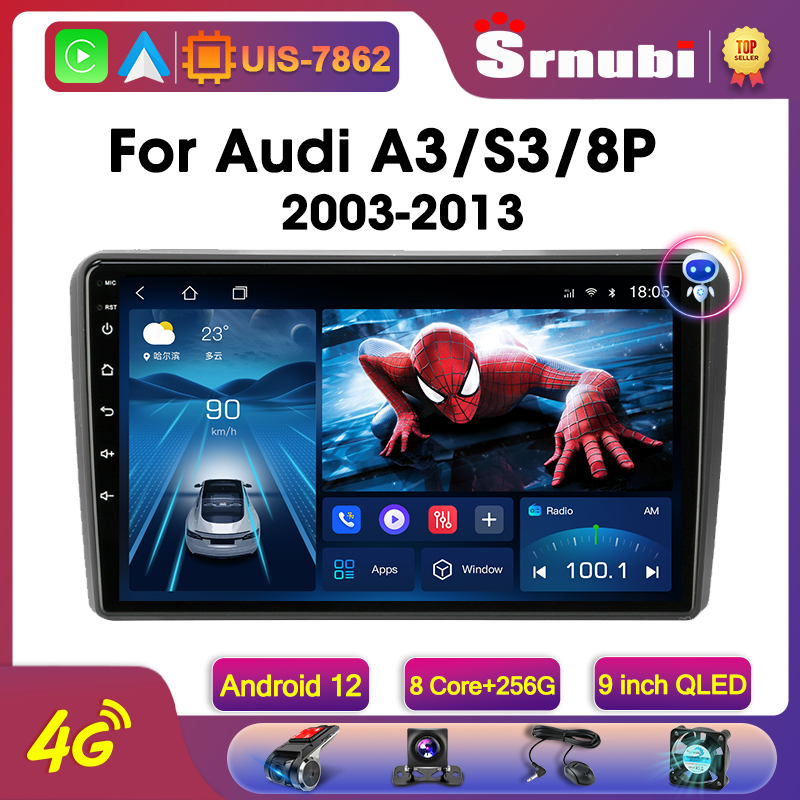 Srnubi-rádio de carro Android 12 Auto para Audi, leitor multimídia, navegação GPS, estéreo, 2 din, DVD, Carplay, A3, 8P, 2003-2013