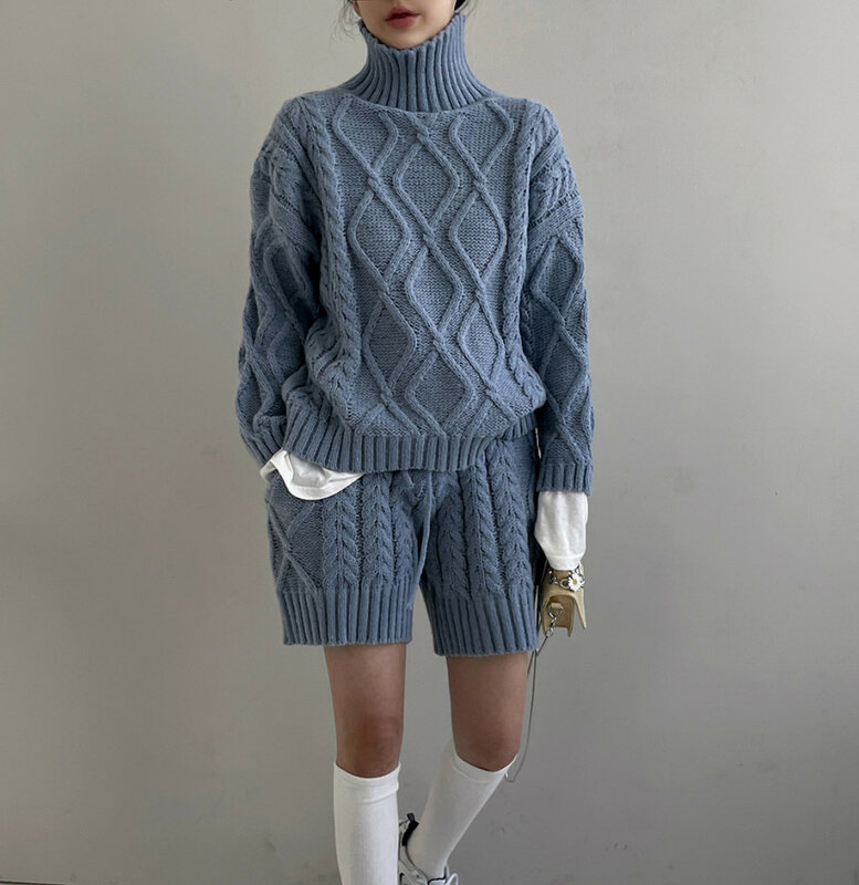 Setelan sweter kerah tinggi, Turtleneck wanita, sweter kotak-kotak padat + celana pendek pinggang elastis, setelan 2 potong, kasual, musim gugur, musim dingin, 2023