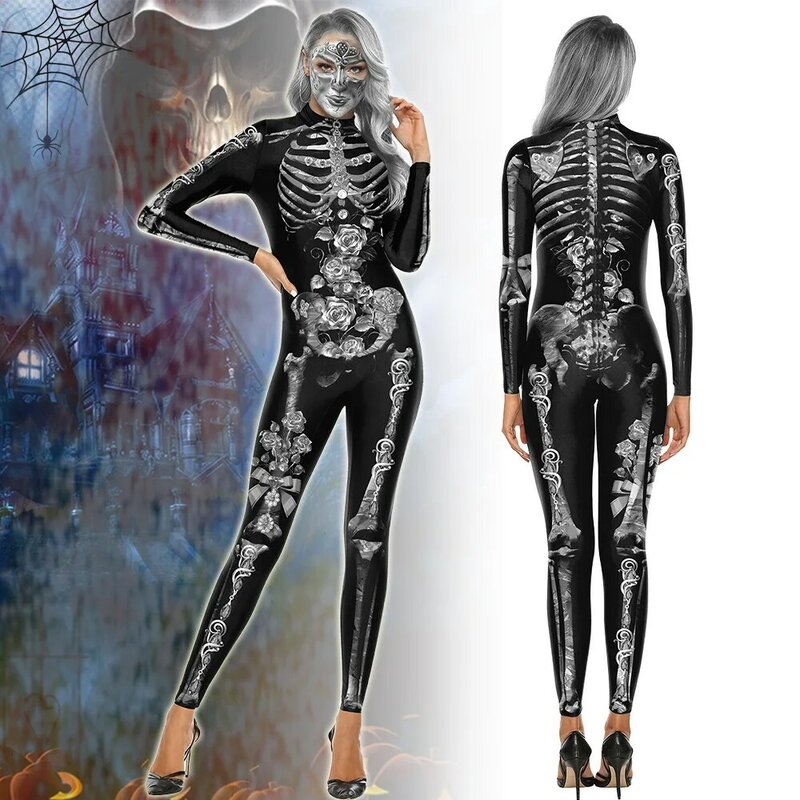 Adult Skeleton Print Halloween Cosplay Costume Women Ghost Jumpsuit Carnival Party Performance Scary Bodysuit
