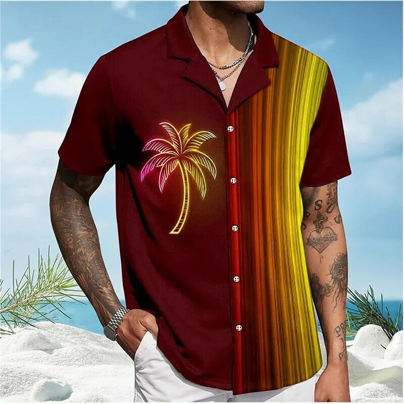 男性用パームツリー3Dプリントシャツ,休暇用ビーチサマーラペル,半袖,紫,大きいサイズ5xl,8色,hawii,夏