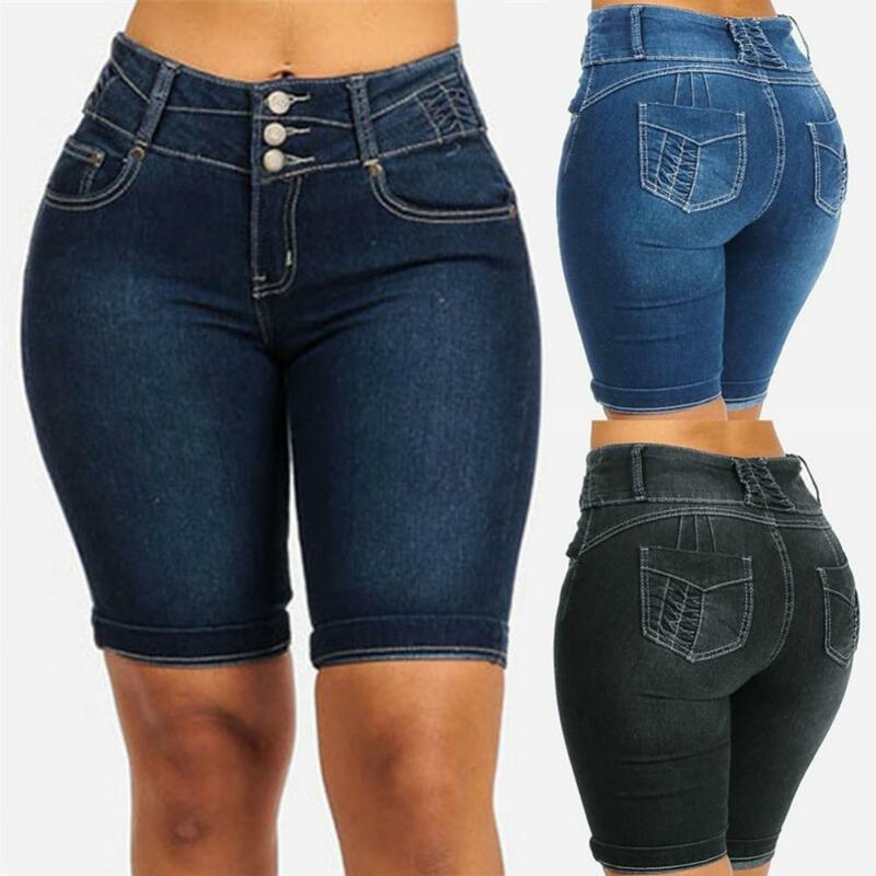 Shorts jeans elásticos femininos, bodycon slim fit, na altura do joelho, shorts magros, plus size, verão