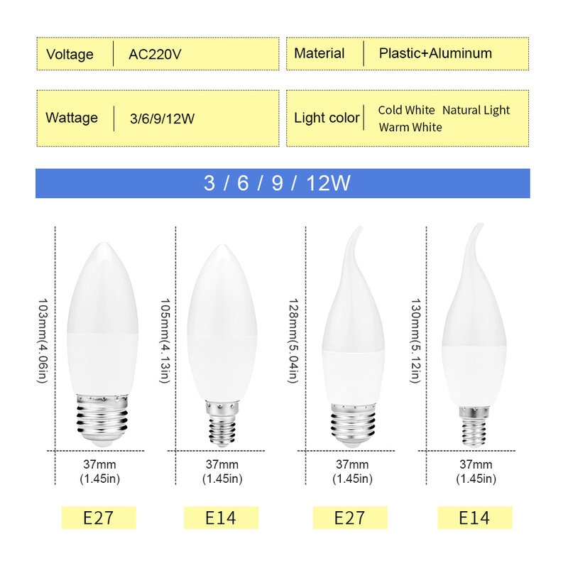 LED 샹들리에 조명 스포트라이트, E27 E14 LED 전구, 220V 촛불 전구, 에너지 절약 램프, 3W, 6W, 9W, 12W, 홈 데코, 10 개