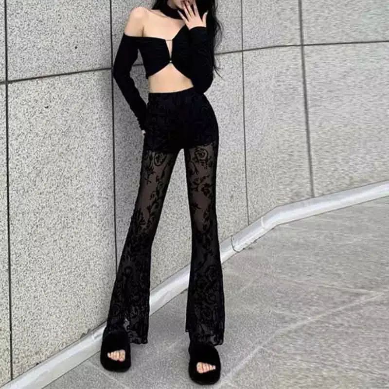 Модные обтягивающие сексуальные кружевные ажурные облегающие пряные женские расклешенные крючки черные прозрачные вышитые эластичные брюки с высокой талией
