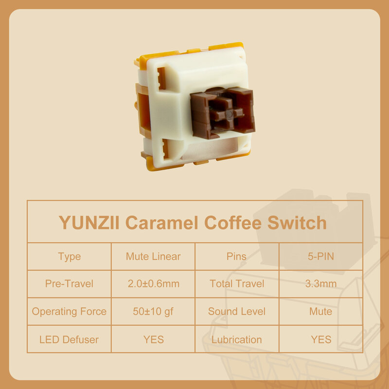 YUNZII-Interruptor silencioso linear mudo pré-lubrificante, 5 pinos, café caramelo, teclado mecânico de jogos hot-swap, 35pcs pack